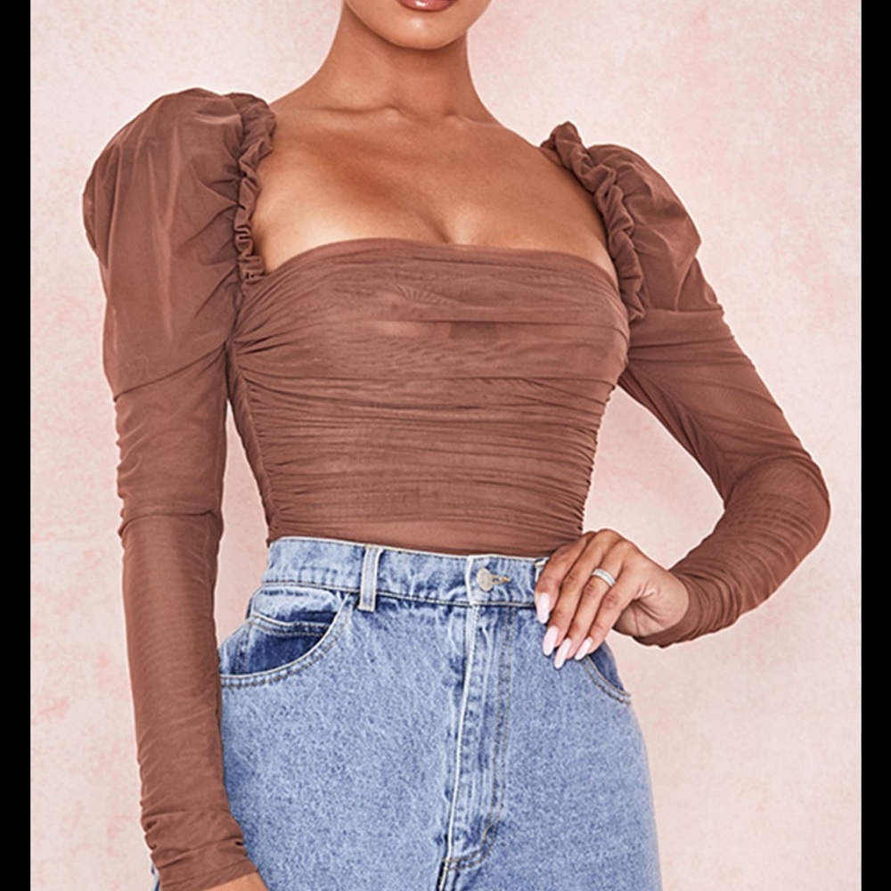 EMME
Mocha Ruched Chiffon Puff Sleeve Bodysuit House of CB